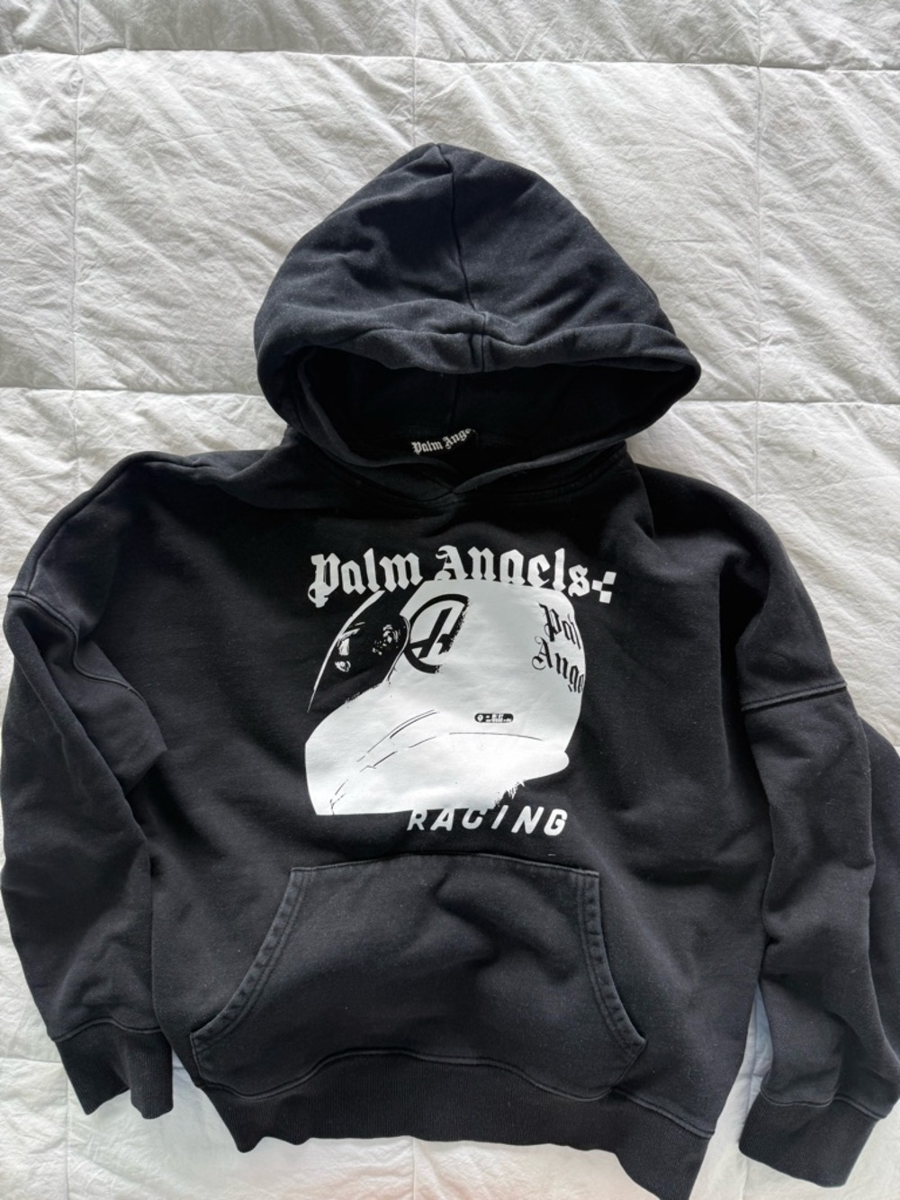 Palm Angels Black Hoodie with White Racing Helmet Graphic